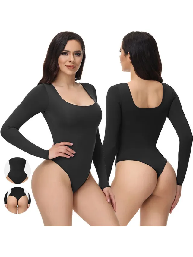 Wow Peach Basic Seamless Bodysuit - Lange mouw - Stretchy - Licht Compressie - Zwart - Maat: Medium