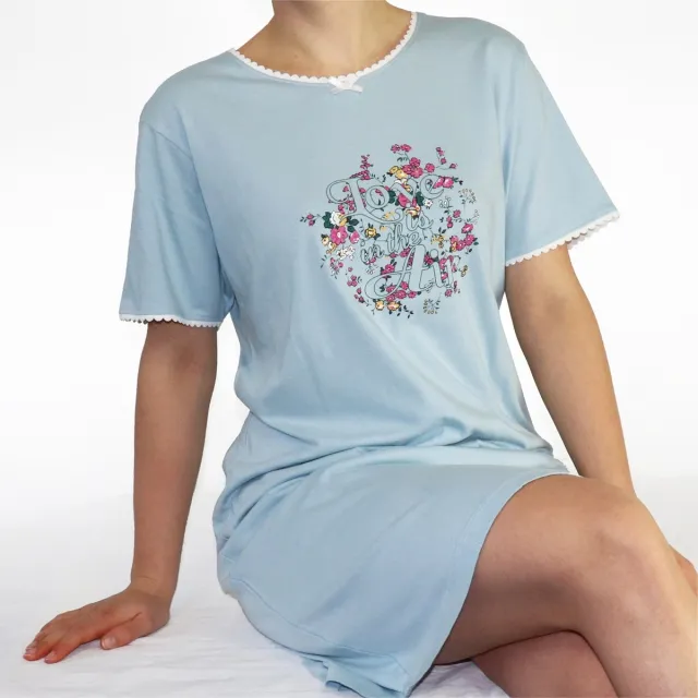 Tenderness Dames Nachthemd - Katoen - Korte Mouwen - Blauw