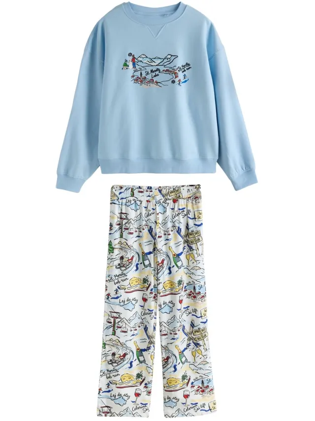 Next Dames - Kerstsweatshirts en flanellen pyjama's voor het hele gezin - Blauw Light Blue Map Print
