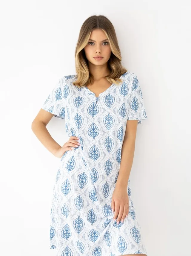 S& Sensis Sensis Viscose Nachthemd Dames Ornamentprint Korte Mouw Blauw JAZMIN 44 / Wit