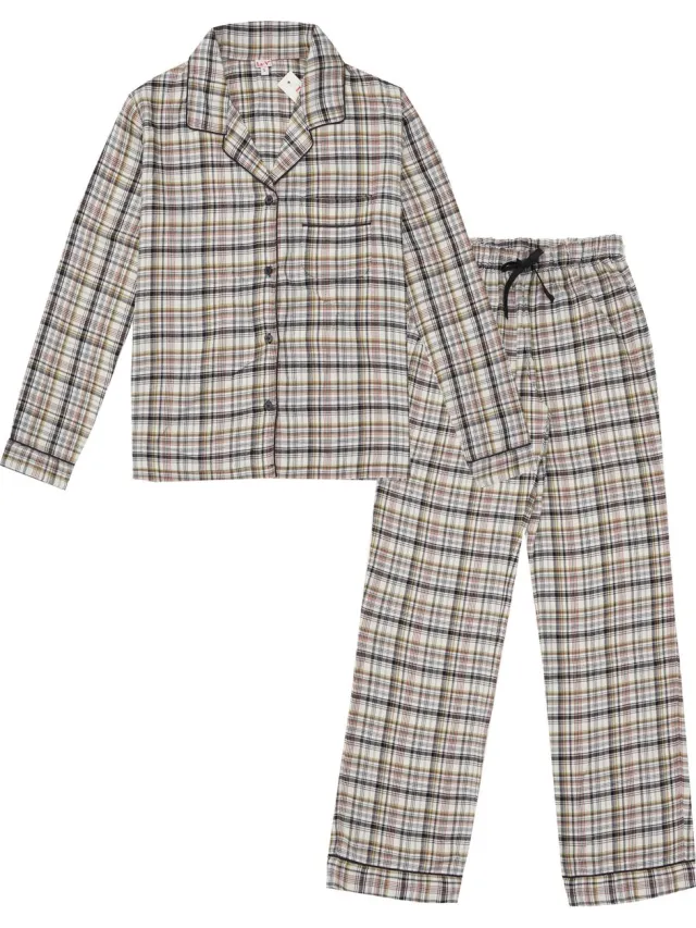 La V La-V Flanel pyjama set voor dames met geruit patroon crème kleur XXL (valt klein) Cream