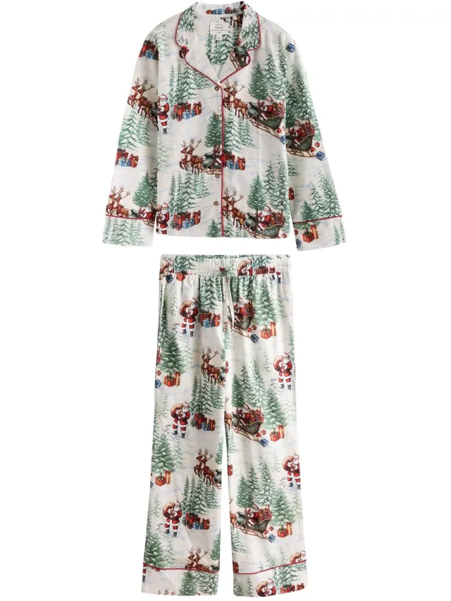 Next Dames - Flanellen kerstpyjama’s met knoopsluiting voor het hele gezin - Tall - Crème Ecru Santa