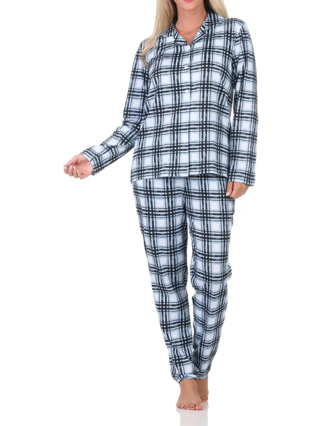 Normann dames jersey pyjama lange mouw knoopsluiting in ruitlook - ook in grote maten hellblau