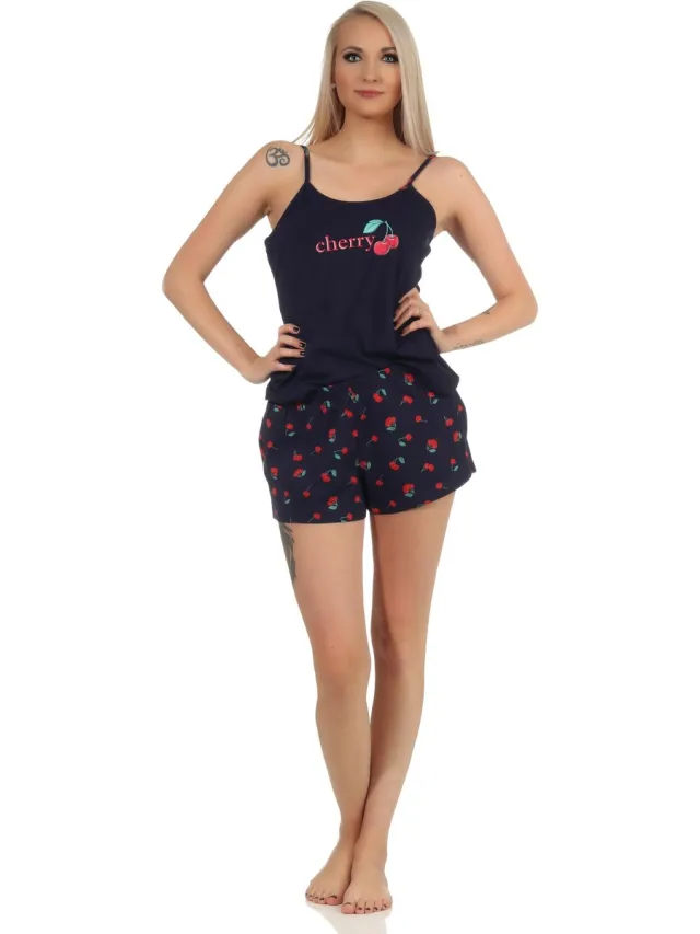 Normann Leuke mouwloze dames pyjama korte pyjama met kersen als motief - 112 206 90 535 marine