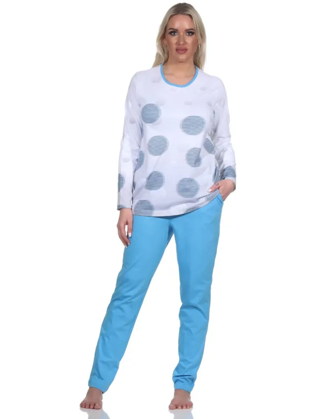 Normann Damen langarm Schlafanzug Pyjama in Tupfen-Punkte Optik - auch in Übergrössen blau
