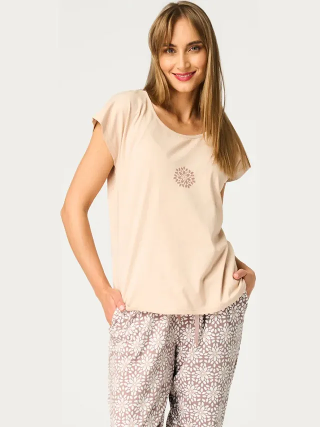Key Katoenen Dames Pyjama Korte Mouw Zomer Print Beige Taupe LNS 735 36 /