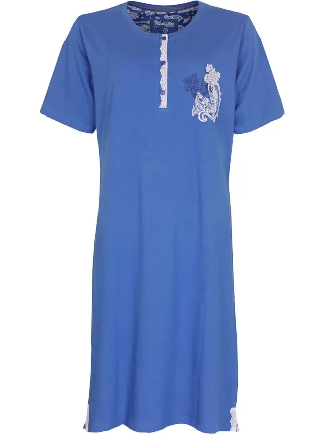 Medaillon Dames Nachthemd - Katoen - Korte Mouwen - Blauw