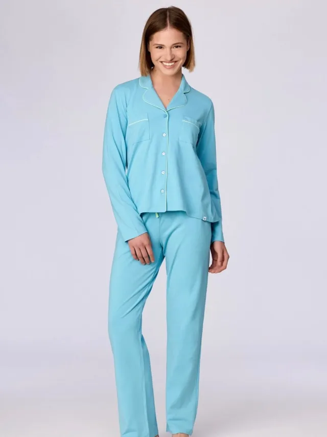 Woody pyjama dames doorknoop - lichtblauw - 262-10-YPD-Z/824