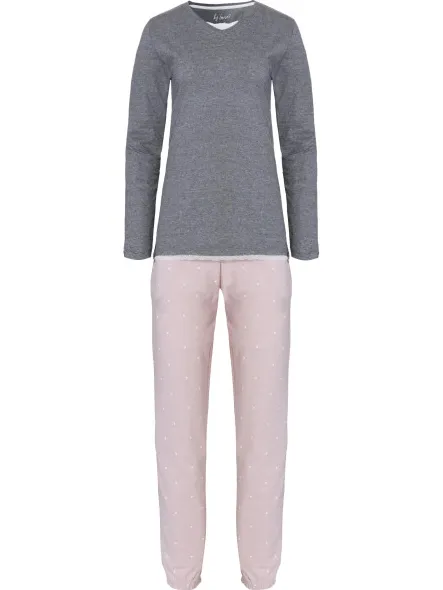By Louise Dames pyjama set lang katoen grijs / roze Veelkleurig