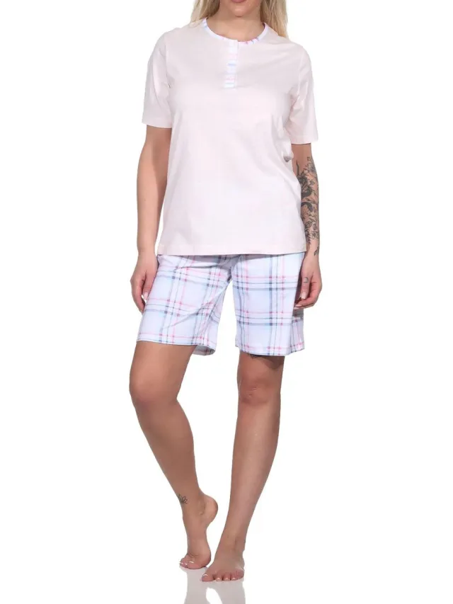 Normann Edele damespyjama shorty met korte mouwen en geruite broek van jersey - ook in oversize rosa