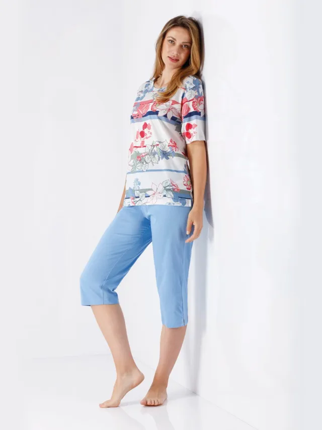 Hajo dames pyjama blauw en bloemen - Blauw - Maat - 48/50