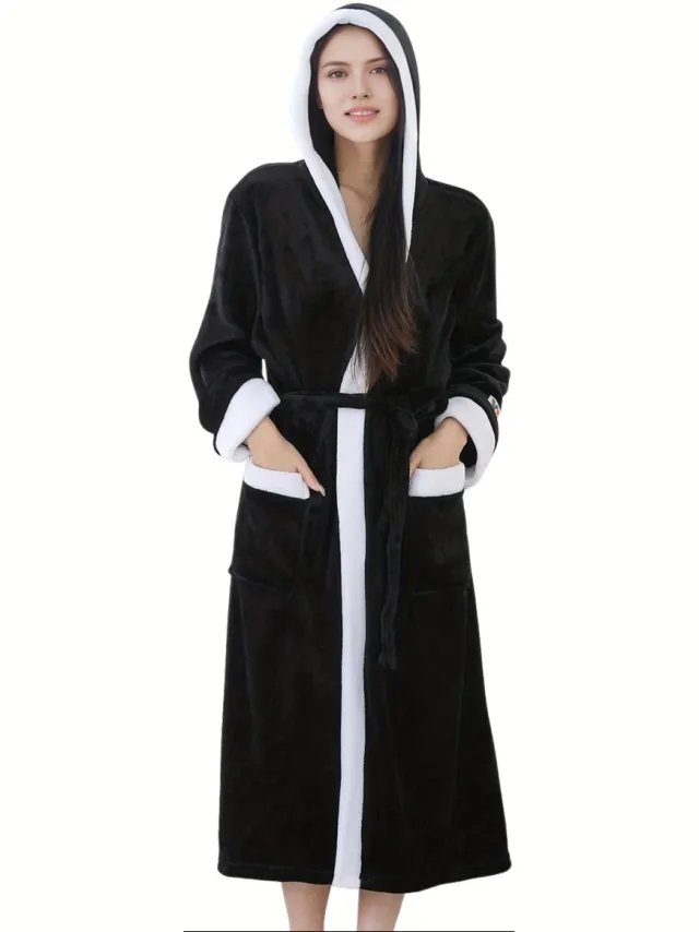Currero Badjas Dames - Fleece - Katoen - Badstof - Sauna - Hamam - Wafel - Bathrobe - Duster - Ochtendjas - Spa - Kimono - Zwart+Wit
