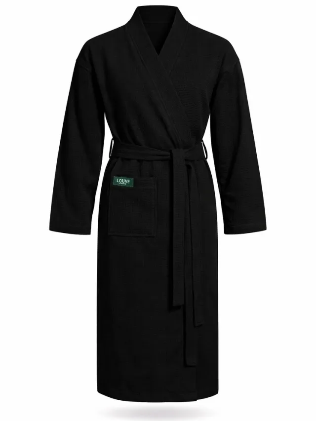 LOUVE PARIS Sauna badjas wafel - LOUVE PARIS - unisex kimono badjas wafelstructuur - 100% Biologisch katoen - Hammam - SPA - kimono - wafel badjas dames - wafel badjas heren - Black