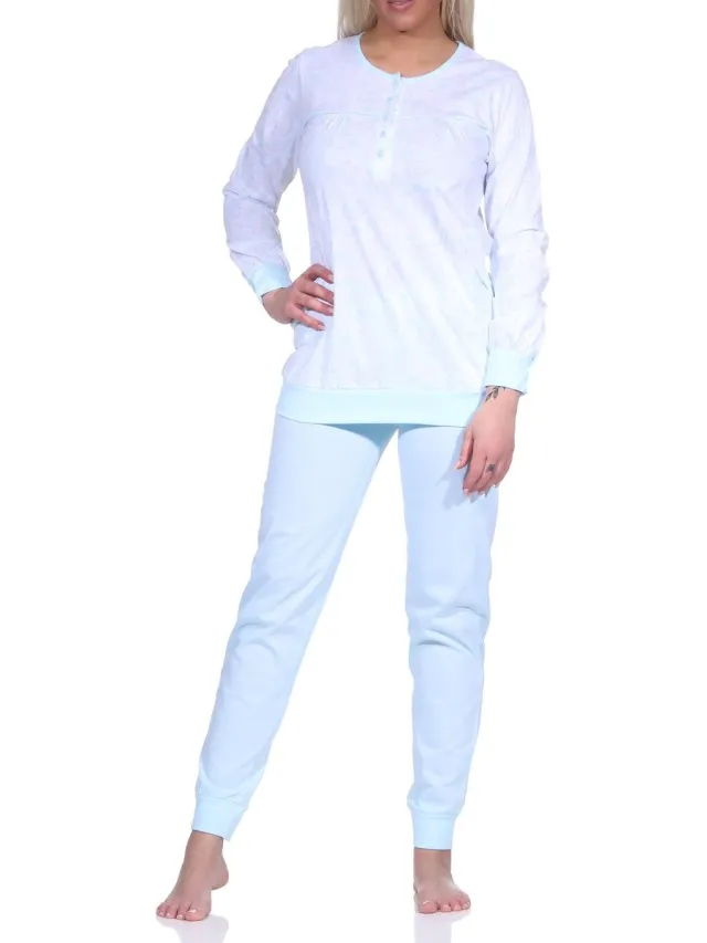 Normann Elegante damespyjama met manchetten in Paysley-dessin en knoopsluiting aan de hals hellblau