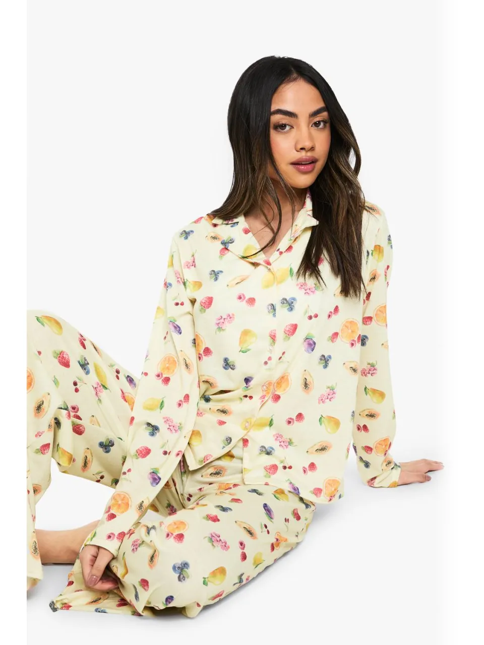 boohoo Dames Gemengde Fruit Print Lange Mouw Shirt & Broek Pyjamaset citroen, foto 3
