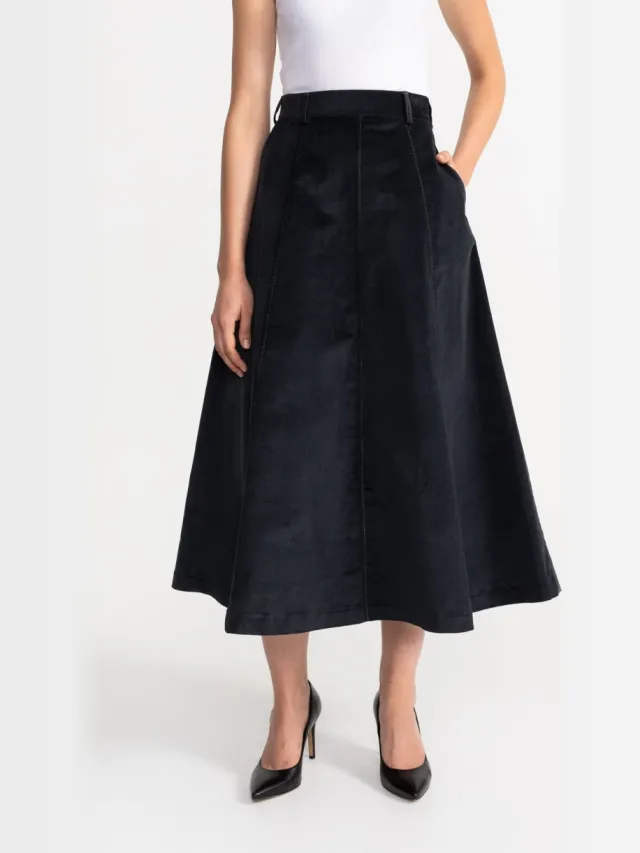 De IONESCU dames vegan Corduroy Midirok Dorna Marineblauw, foto 2