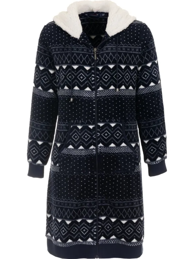 Pastunette Dames badjas met rits - Noorse print - fleece - zacht & warm - ritssluiting badjas dames - luxe ochtendjas -maat S (36-38)