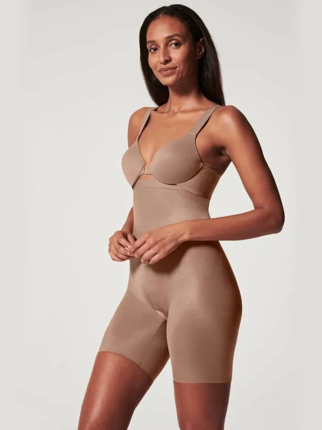 SPANX seamless medium corrigerende High-Waisted Mid-Thigh short donkerbeige