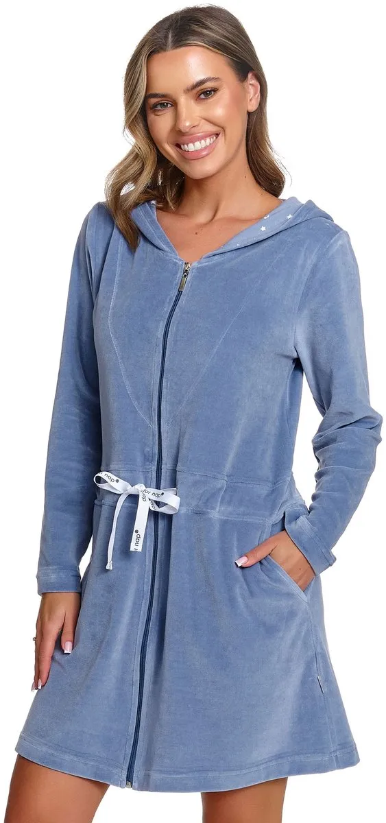 Doctor Nap Velours Badjas Dames Met Capuchon Rits en Zakken SWO.1008 Sky Blue 36 / Licht Blauw
