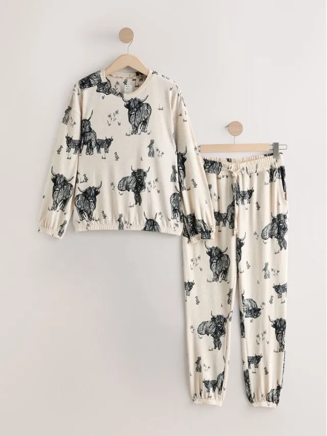 Next Dames - Behaaglijke pyjama met lange mouwen - Naturel Oatmeal Hamish The Highland Cow