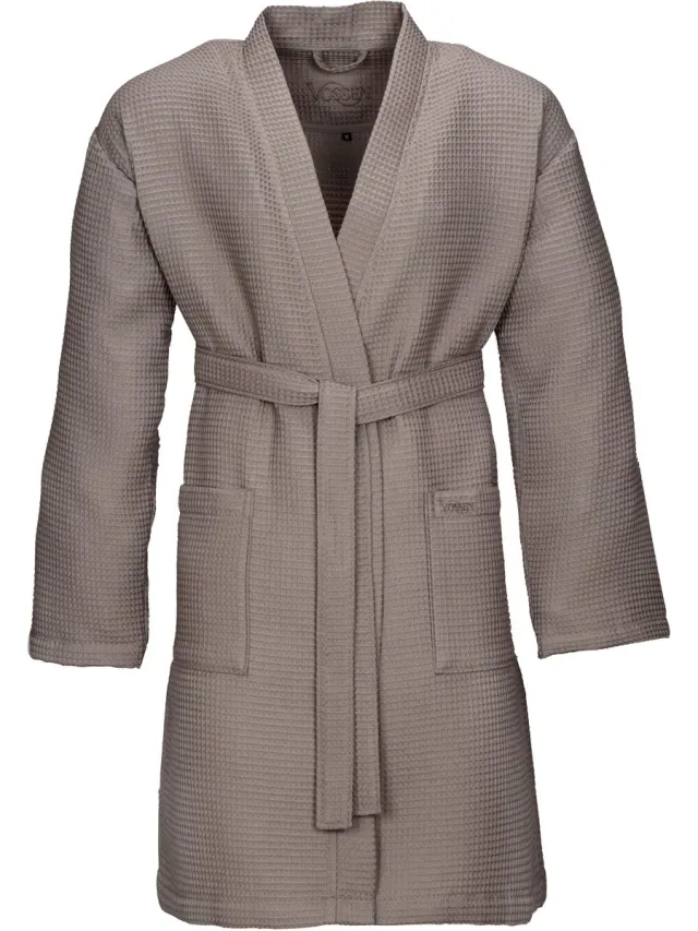 Vossen Pique Rom – Unisex Badjas – 100% Katoen – Wafelstructuur – Kort Model – Lichtgewicht & Ademend – Kimono-Stijl Grijs