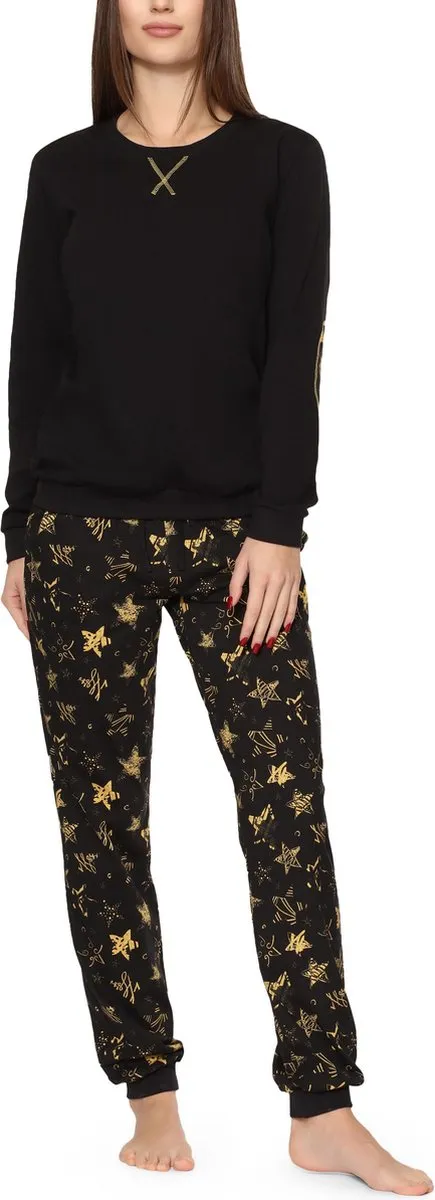Merry Style MS-MS10-168-PJ Dames Pyjama - ronde hals - lange mouwen - lange broek met zakken - Katoen - Zwart/Gele sterren