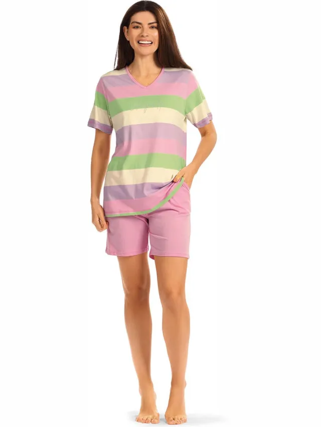 Comtessa shortama vrolijke strepen - Roze - Maat - 44