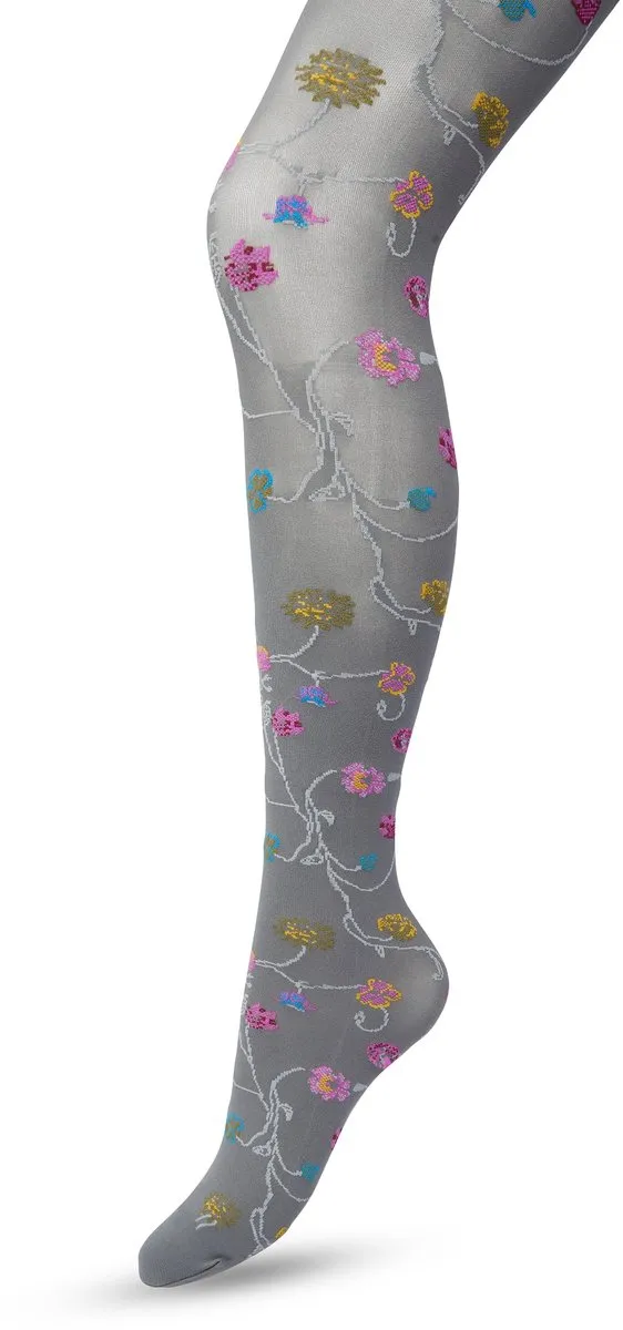 Bonnie Doon Bloemen Panty 80 Denier Grijs Dames - Bloemen Print - Gladde Naden - Maximaal Draagcomfort - Floral Tights - Chique Panty - Feestelijk - Gebloemd - Kleurrijk - Bloemenprint - Castlerock - BP221906.169
