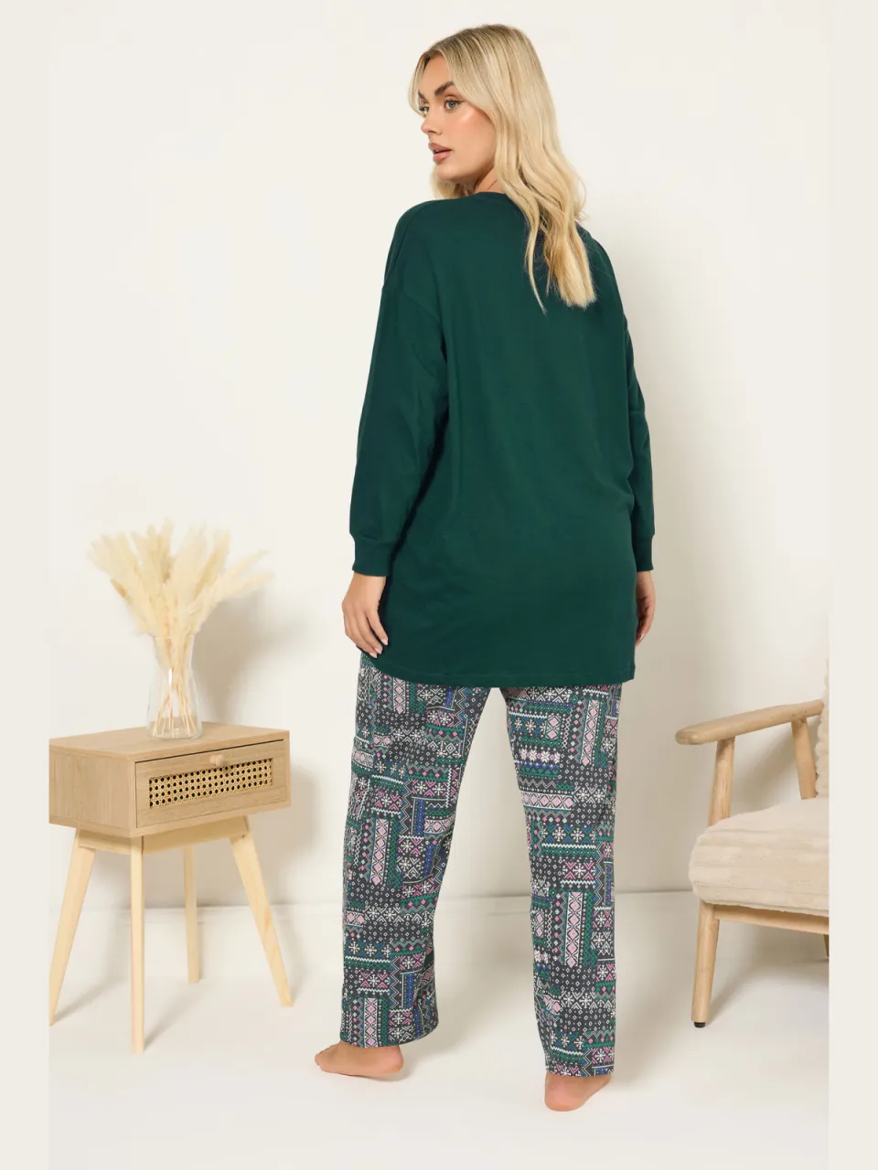 Yours Green 'Lets Get Cosy' Fairisle Pyjamaset Met Wijde Pijpen-44, foto 2