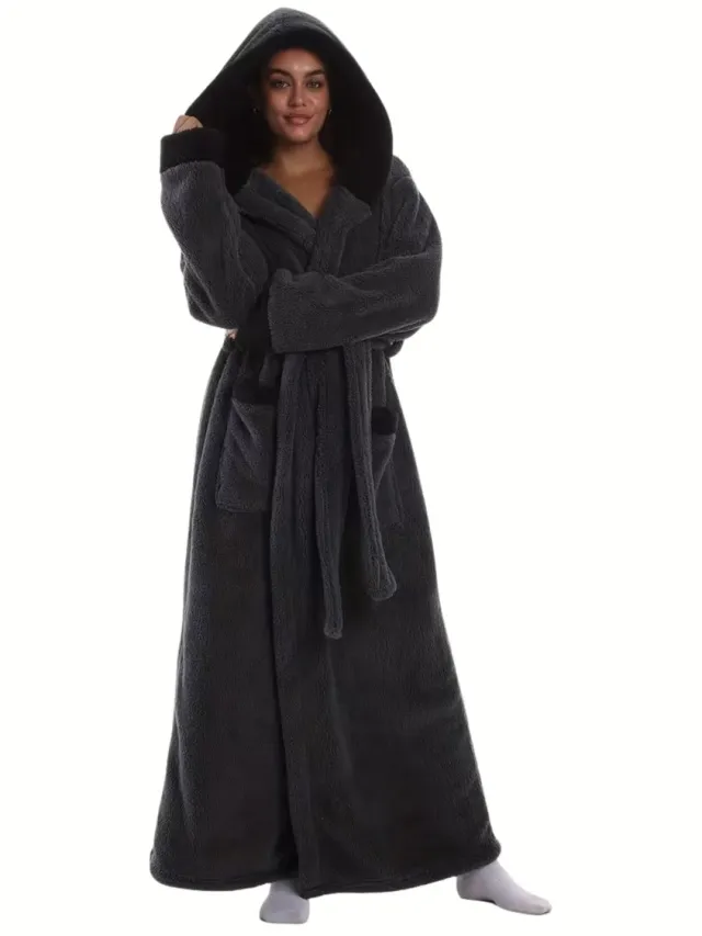 Currero Badjas Dames - Fleece - Katoen - Badstof - Sauna - Hamam - Wafel - Bathrobe - Duster - Ochtendjas - Spa - Kimono - Donkergrijs Met Capuchon Donkergrijs - Met Capuchon Een maat