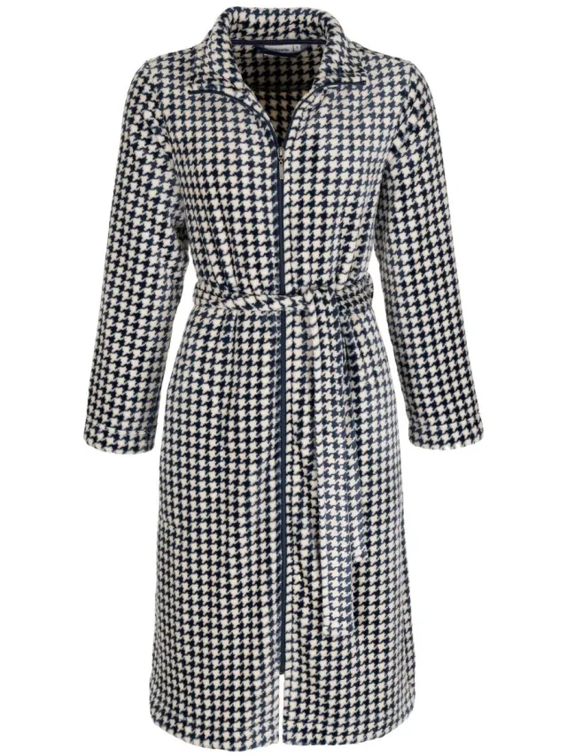 Pastunette Badjas dames met rits - zacht fleece - ritssluiting en ceintuur - Pied de Poule - maat L (44-46) Pied de Poule - blauw/wit