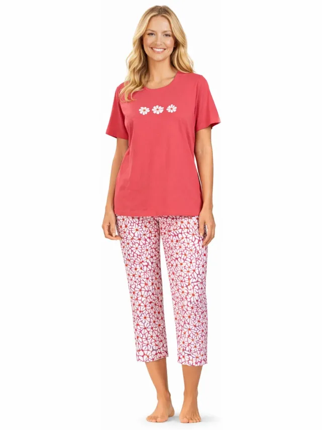Comtessa Dames Pyjama - Katoen - Zomer - 7/8 broek - Red Pink Rood, roze