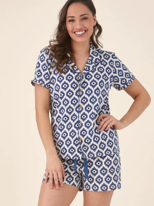 Little Label klassieke zomer pyjama dames - blauw ikat-38 - extra zachte bio-katoen