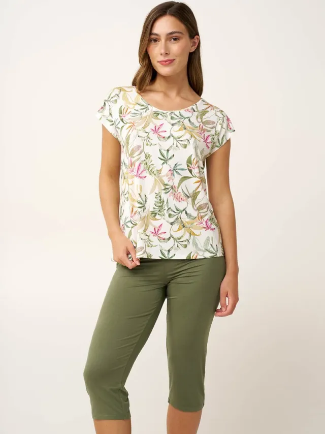 Vamp! Vamp Damespyjama – Zomerse pyjama met bloemenprint en capribroek - Micromodal – Wit / groen Multicolour