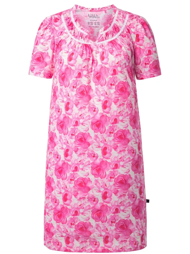 Ulla Popken Dames - Nachthemd rozen ronde hals korte mouwen - Roze - Maat 50+