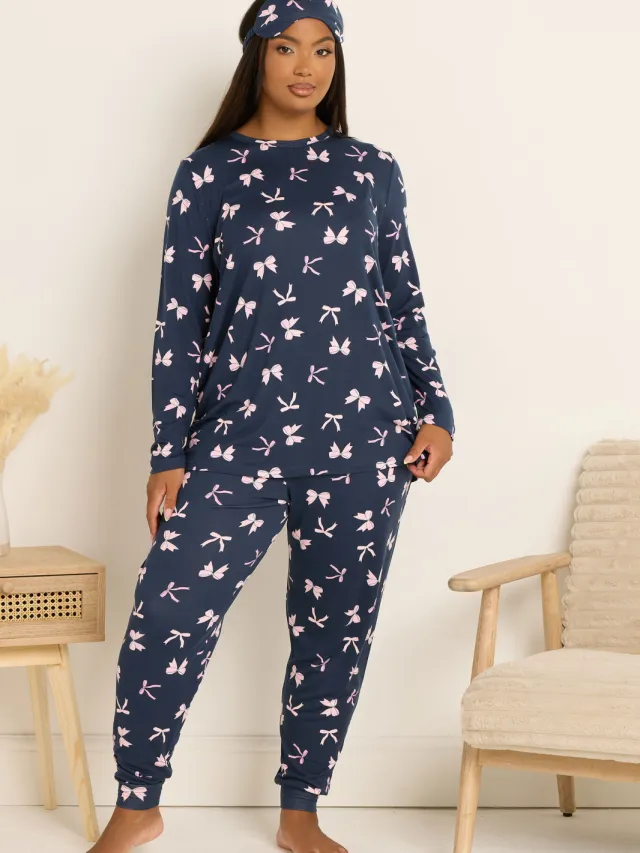 Yours Marineblauwe Strik Zachte Pyjama En Slaapmaskerset-48, foto 4