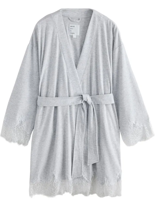 Next Dames - Geribbelde kamerjas met kanten details - Grijs Light Grey