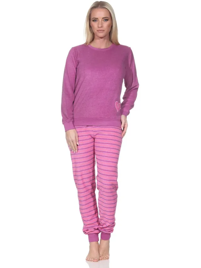 Normann dames badstof pyjama met manchetten, pyjama met hartmotief – ook in grote maten pink