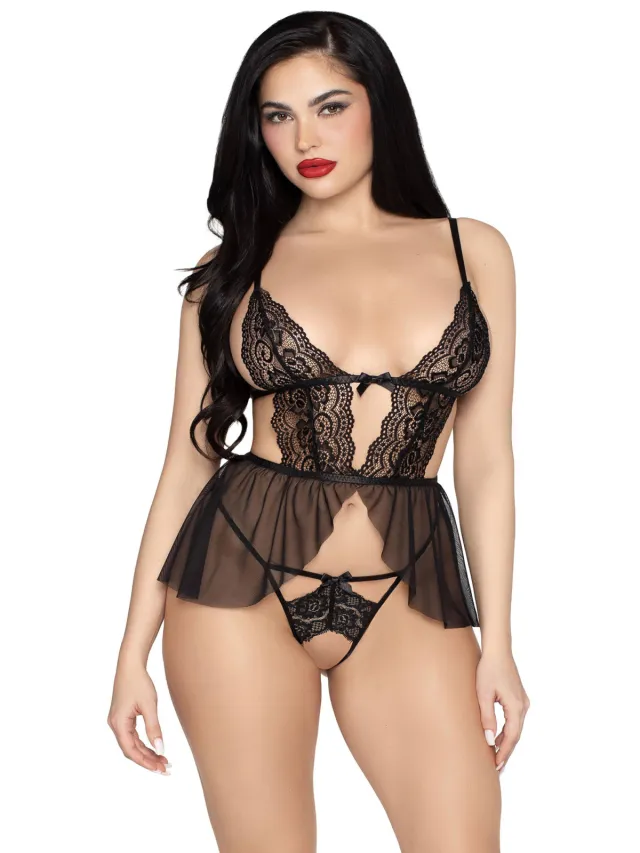 Leg Avenue babydoll met string met open kruis zwart