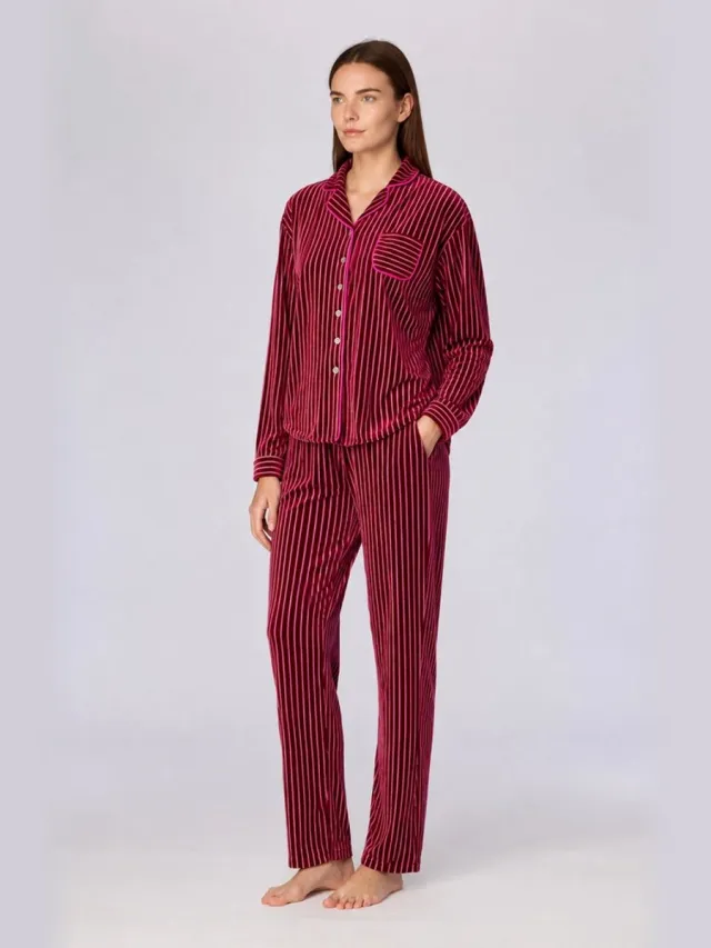 Woody pyjama dames doorknoop velours - bordeaux/roze gestreept - 262-15-TPC-V/979 Bordeauw/Roze