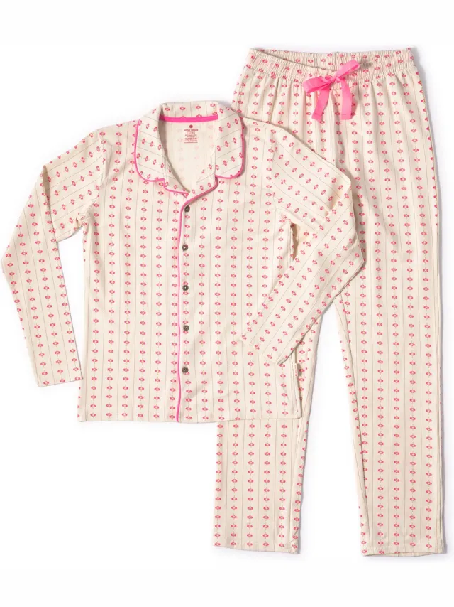 Little Label dames pyjama - wit bloemetjes verticaal-42 - Zachte BIO Katoen Roze