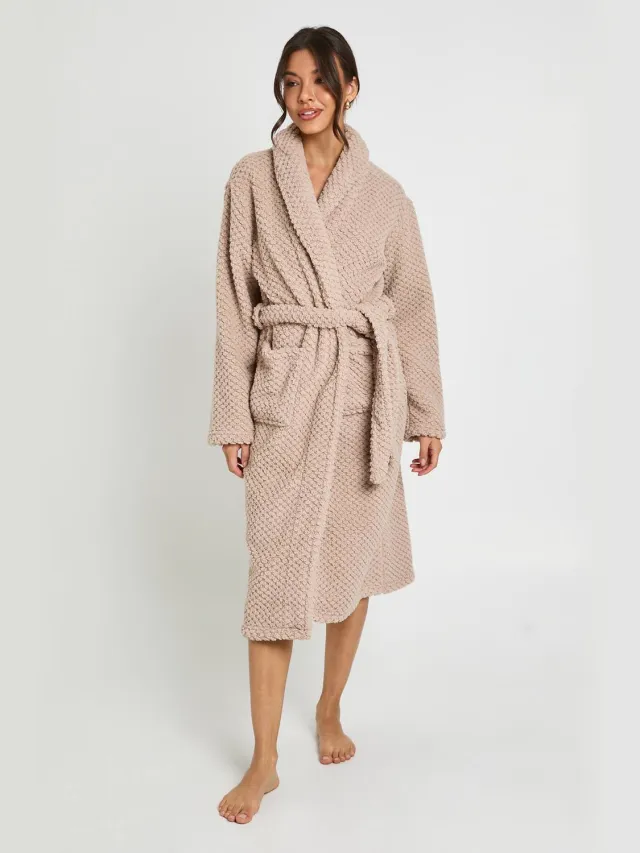 boohoo Dames Wafel Fleece Lange Badjas Beige