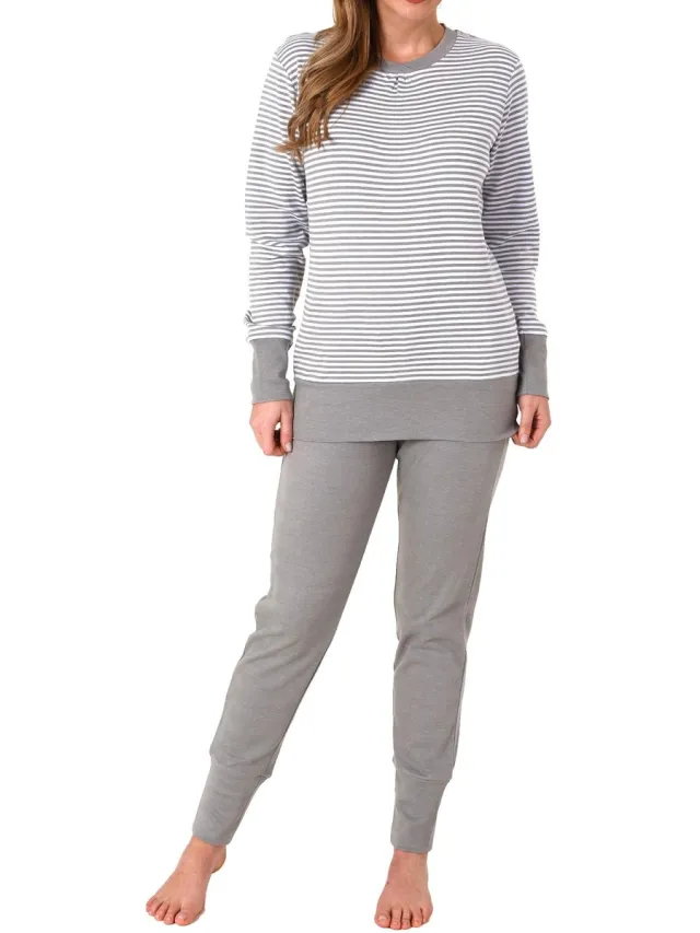 Normann Cosy damespyjama met lange mouwen en manchetten in streepjeslook - 212 201 96 258 grau