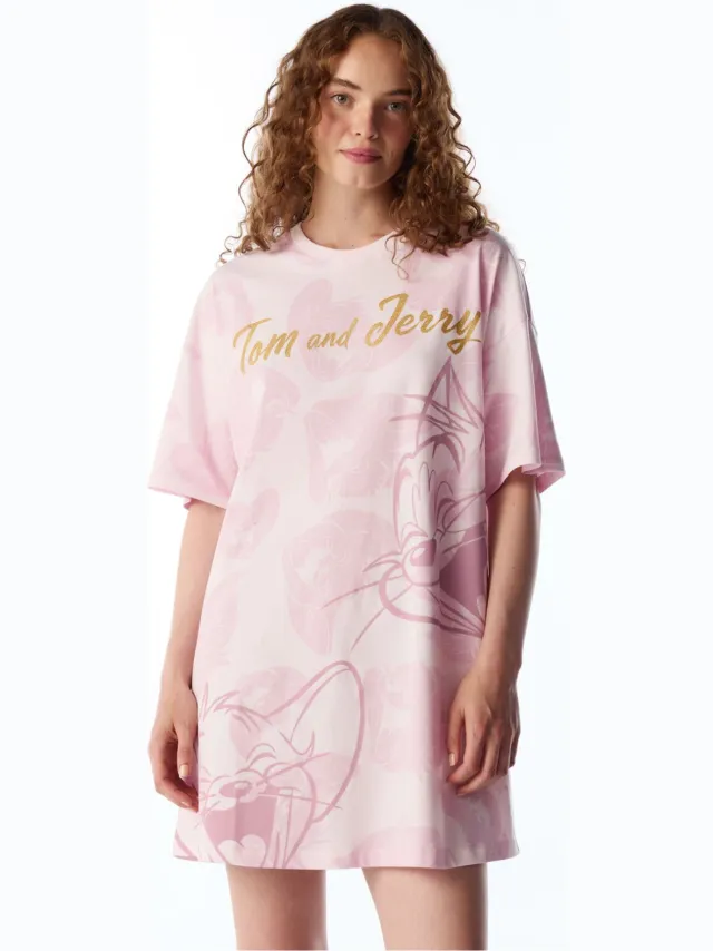 Penti Tom&jerry Kort nachthemd met kattenpatroon en korte mouwen Lichtroze