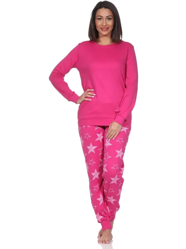 Normann dames lange pyjama in knuffelzachte interlock kwaliteit met boorden in sterlook pink