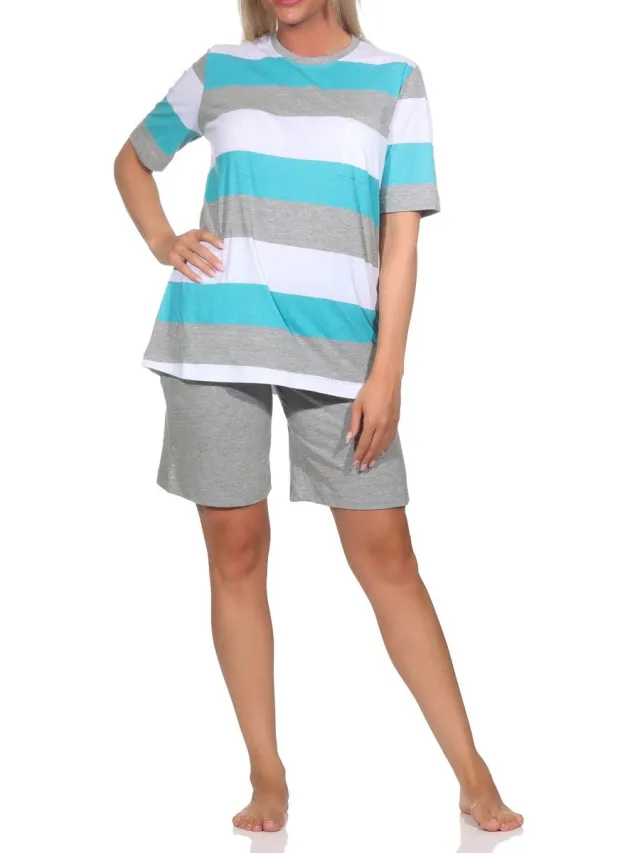Normann Dames Capri Pyjama Korte Mouwen Blokstreep - Ook in Oversizes grün