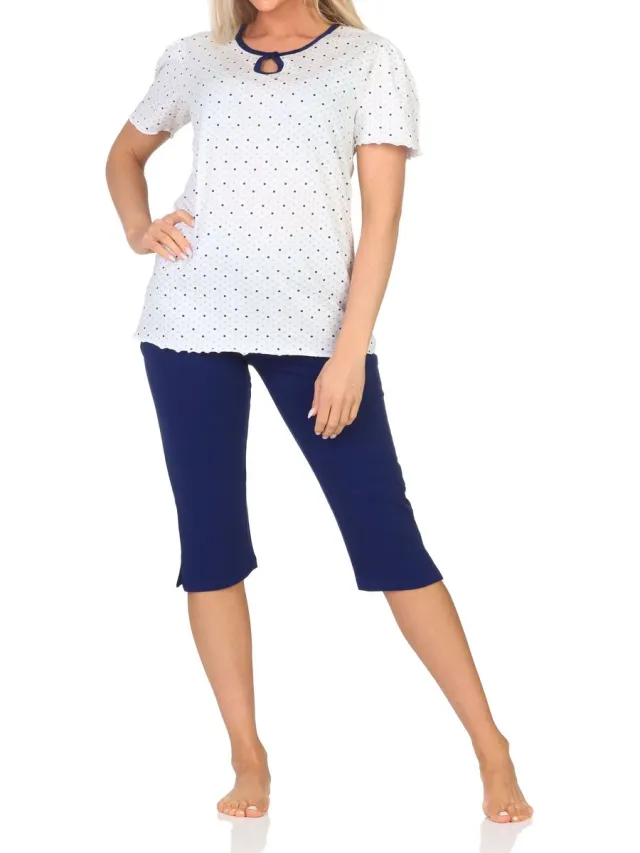 Normann dames capri pyjama met korte mouwen in stippenlook - ook in grote maten marine