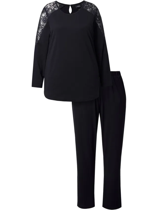 Ulla Popken Dames - Pyjama kant ronde hals lange mouwen modalmix - Zwart - Maat 58+