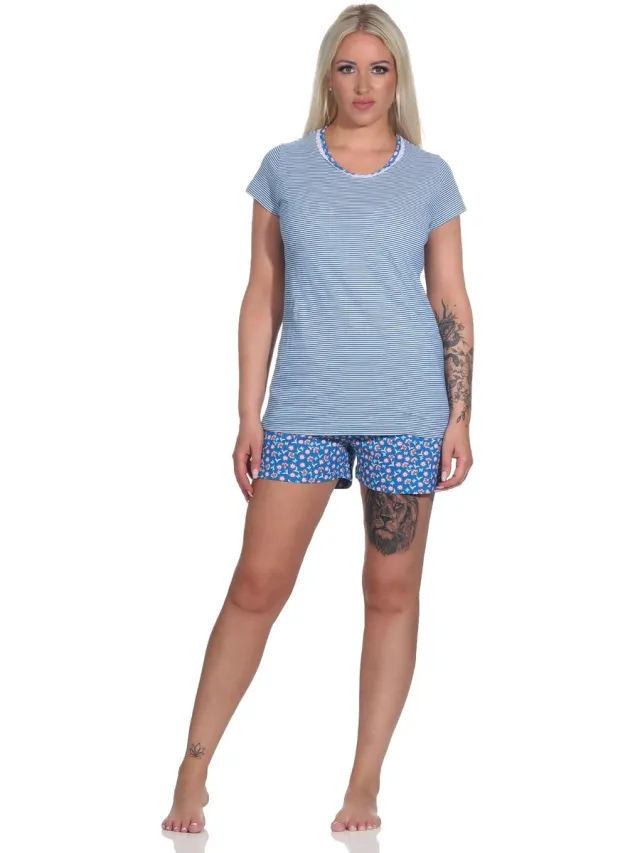 Normann Dames Pyjama Shorty met korte mouwen en strepen - Ook in Oversizes marine