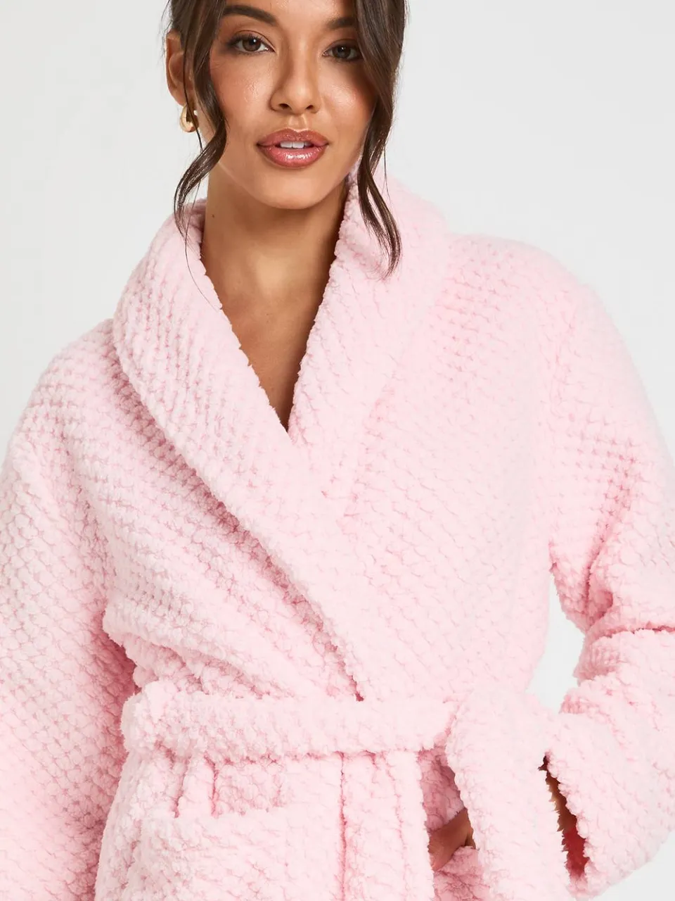 boohoo Dames Wafelstructuur Fleece Lange Badjas lichtroze, foto 4